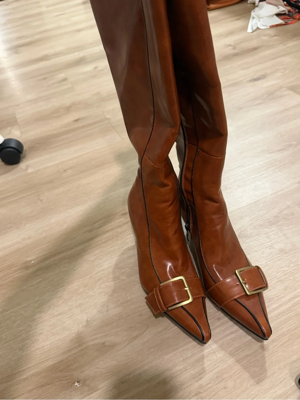 Women's Tall Pointed-Toe Brown Leather Boots